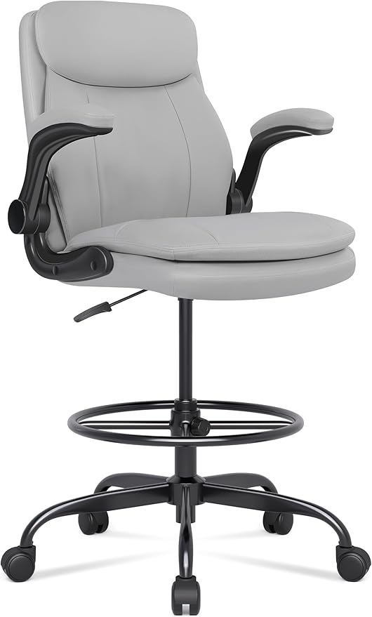 Misolant Leather Drafting Chair, Tall Office Chair for Standing Desk, High Executive Office Chair with Adjustable Height and Flip-up Armrest for Counter Height Desk