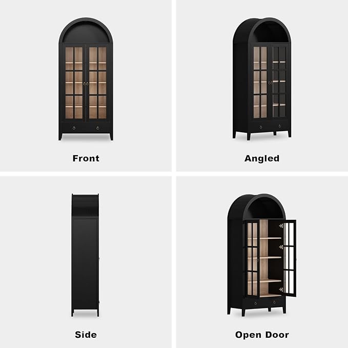 70" Tall Arched Cabinet, Modern Farmhouse Wooden Display Cabinet with Glass Doors, 6 Tier Bookshelf with Adjustable Shelves for Living Room, Office, Black