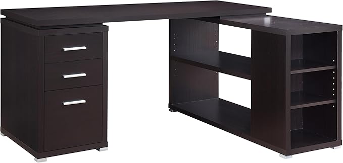 L-Shaped Computer Desk with 3 Drawers & 5 Shelves Cappuccino Brown Finish Solid Wood & MDF Corner Desk for Home Office 29.5H x 60W x 47.25D Workstation (1-Piece Set)
