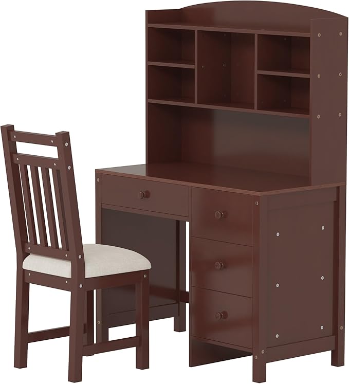 Vintage 40'' Home Executive Desk and Upholstered Chair Set with Bookshelf(Espresso)