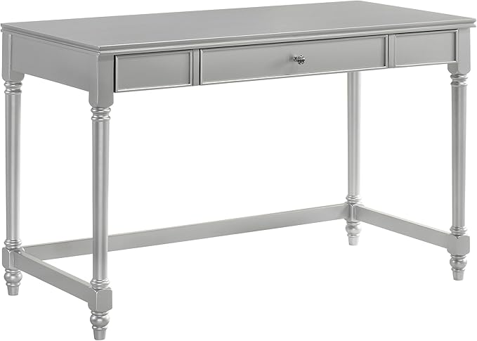 24/7 Shop at Home Eunie Modern 2-Piece Wood Storage Writing Desk with 1 Drawer and Upholstered Chair Set for Workstation, Home Office, Study Room, Silver