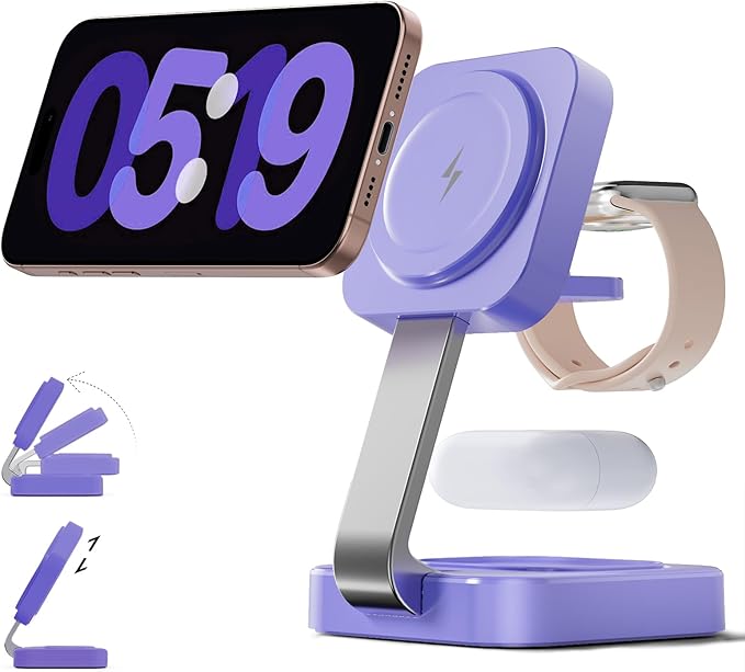 RYND 2026 Traveling Wireless Magnetic Fast Charging Station, 3 in 1 Charger with i Phone 17 16 15 14 13 12 Pro Max Plus,Apple Watch Series & Air pod 4 3 2 Pro-Gifts for Wife & Husband(Purple)