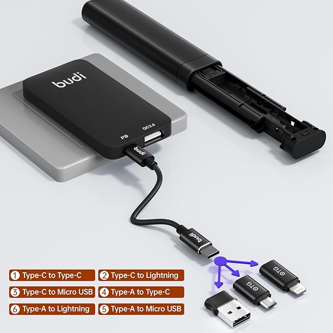 BUDI USB Adapter Kit，Multifunctional Compact Cable Card, Travel Portable Aluminum Storage Case with Micro USB A Type C Light, PD65W Charging Cable Set, Sim Card Tray Eject Tool and Slot Case-Black