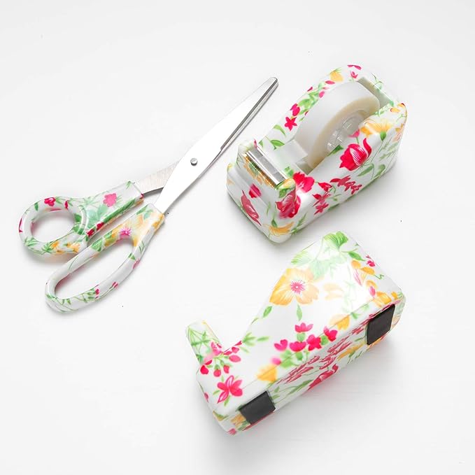 VIBRANZ-LAB Cute Tape Dispenser Desk Cute Home Office Desk Supplies Fun Desk Accessories Floral Tape Dispenser Cute Office Supplies for Women Desk Weighted Non-Skid Non-Slip Base Tape Dispensers