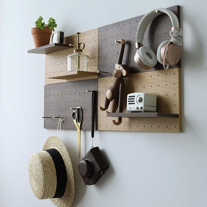 Wooden Pegboard, Sturdy Peg Board for WallsModular Grid Organizer, DlY Storage and Display Panels withShelves and Brass Hooks(Wainut Color)