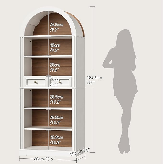 RALGEND Arched Bookshelf, 73" Tall Arch Bookcase with Drawers, 6-Tier Farmhouse Book Shelf, Wooden Bookshelf with Open Display Shelves for Living Room, Office, Adjustable Shelf, Walnut and White