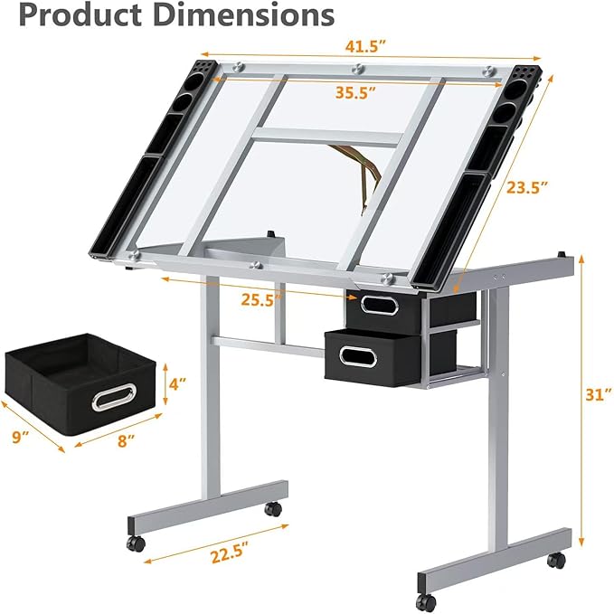 OS MOTOR Adjustable Drafting Table with Glass Top, Art Craft Desk with Slide-Out Drawers, Rolling Wheels, Storage, for Drawing, Writing, Painting, and Creative Tasks, Ideal for Home Office