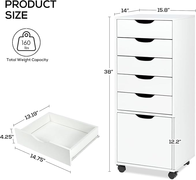 TUSY Mobile File Cabinet, 5-Drawer Storage Cabinet, Vertical Rolling Storage Organizer Chest with Wheels & Anti-Tip Kit, for Home Office, Craft Room, Bedroom, White