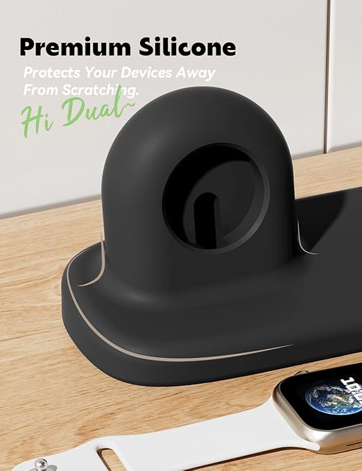 ELETIUO Dual Charger Stand Compatible with Apple Watch Series 49/46/45/44/42/41/40/38mm iWatch Ultra2/Ultra/10/9/8/SE2/7/6/SE/5/4/3/2/1,Silicone Dock Organizer Supports Night Stand Mode,Black