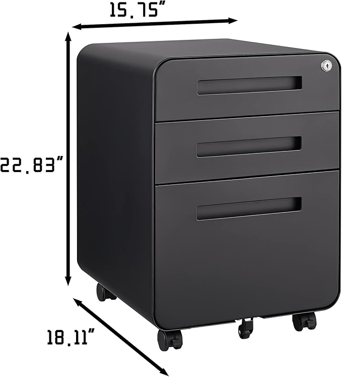 Garvee 3 Drawer File Cabinet with Lock, Under Desk Mobile Metal Filing Cabinet for Home Office, 5 Wheel Anti-Tilt Rolling File Cabinets for A4/Letter/Legal Size, Fully Assembled