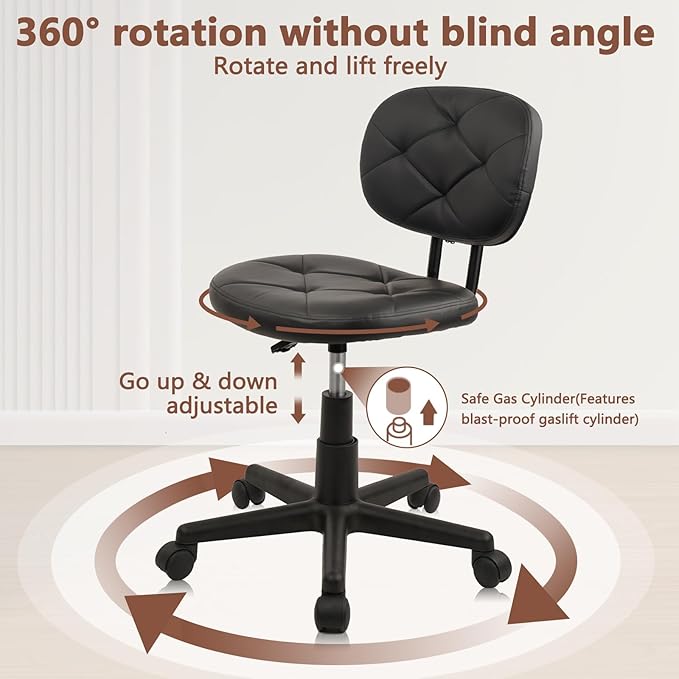 KLASIKA PU Leather Rolling Stool with Back and Wheels, Adjustable Diamond Upholstered Drafting Stool, Multi-Purpose Desk Chair for Home Office Bar Kitchen Shop, Black (2PK)