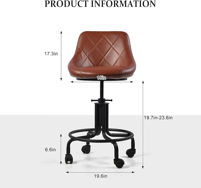 Industrial Office Chair with Backrest on Wheels Vintage Rolling Shop Stools with Wheels for Garage Swivel PU Seat Drafting Stool for Workbench 19.7-23.6inch Height Adjustable Bar Stool