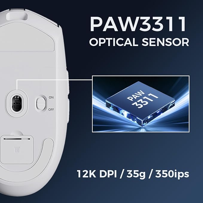 MCHOSE G3 Wireless Gaming Mouse, Symmetrical, PAW3311, 12K DPI, Tri-Mode Connection, Wireless/Wired 1K Polling, 64g Weight, 130 Hours Battery Life (G3, White)