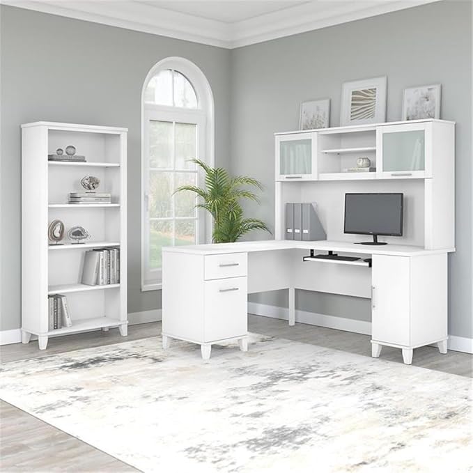Pemberly Row 60W L Shaped Desk with Hutch and 5 Shelf Bookcase, Engineered Wood, White Finish, Transitional Home Office Furniture Set with Storage Drawers, Adjustable Shelves, Frosted Glass Doors