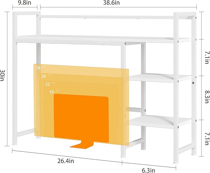 38.6" Book Shelf with 3 Tier Open Shelves Bookshelf and Desk Shelf to Combined for Computer Desks, Desk Hutch for Top of Desk, Bookcase for Dorm or Office, Adjustable Desktop Shelfs, White
