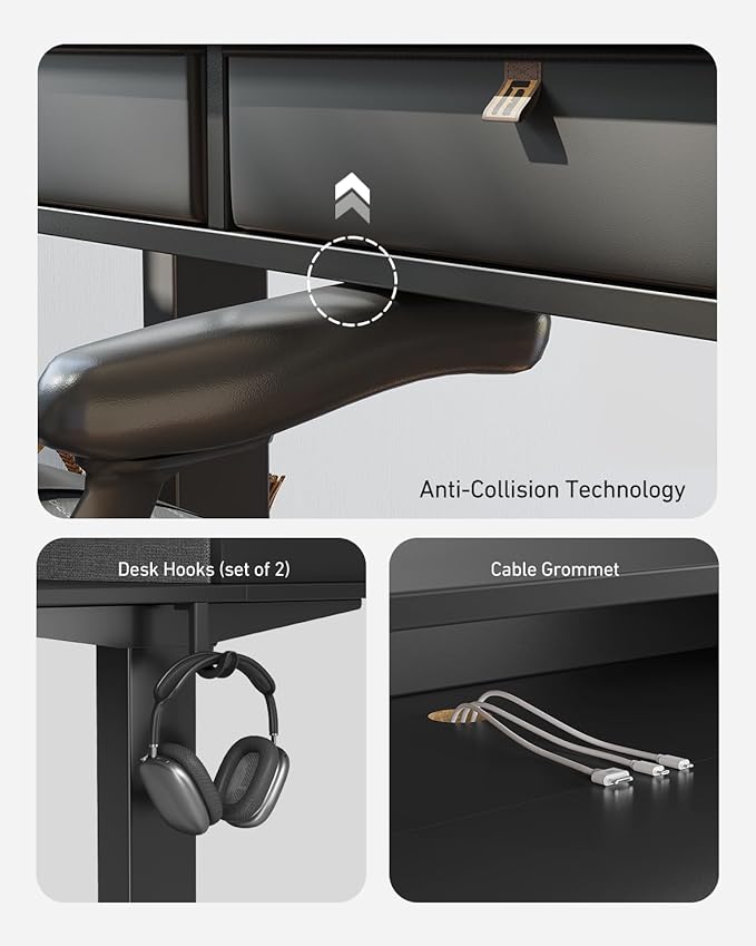 CubiCubi 55" x 30" Standing Desk with Drawers, Height Adjustable Electric Workstation, Computer Sit Stand Up Table with Large Storage Shelf 4 Drawers and 2 Hooks, Black