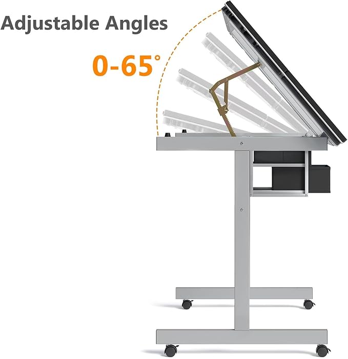 OS MOTOR Adjustable Drafting Table with Glass Top, Art Craft Desk with Slide-Out Drawers, Rolling Wheels, Storage, for Drawing, Writing, Painting, and Creative Tasks, Ideal for Home Office