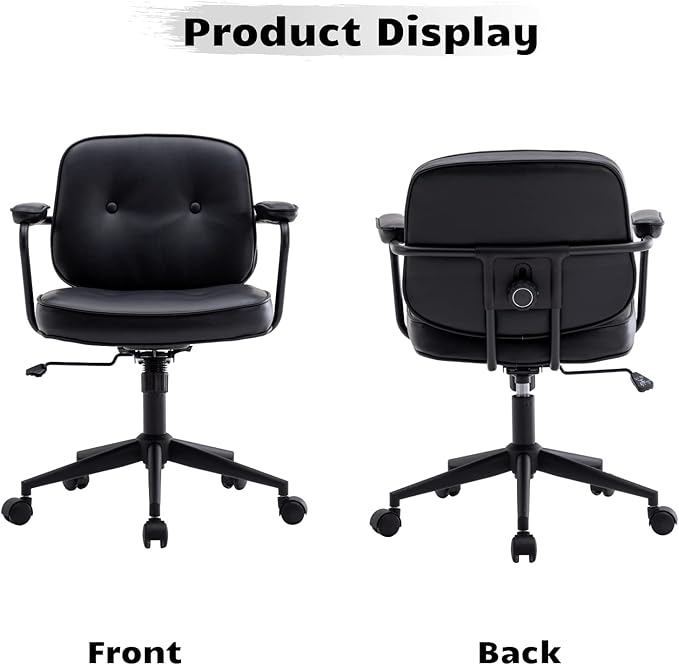 HEAH-YO Modern Armless Desk Chairs Set of 1, Swivel Computer Task Chair with Wheels and Armrests, PU Leather Adjustable Office Chair with Backrest for Home Base, Black