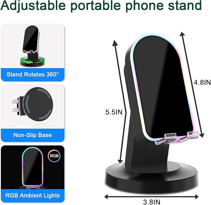 Wireless Induction Speaker with 360° Rotatable Base, Phone Stand with Bluetooth Speaker and RGB Light, Cell Phone Speaker Amplifier for Desk, Kitchen, Unique Tech Gifts for Men and Women (Black)