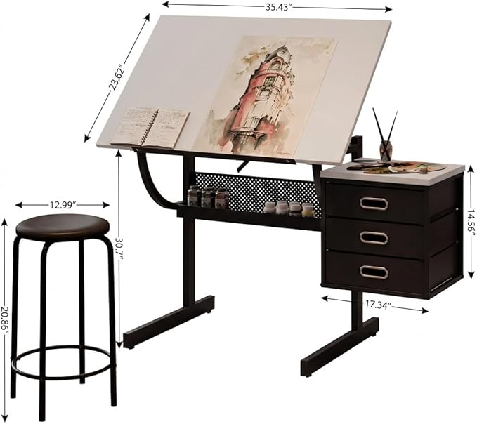 Drafting Table with Storage, Adjustable Art Desk & Art Table with Stool, 0-75° Tilting Top, 3 Drawers for Diamond Painting, Architecture, Animation, Office (Adults & Teens) (White)
