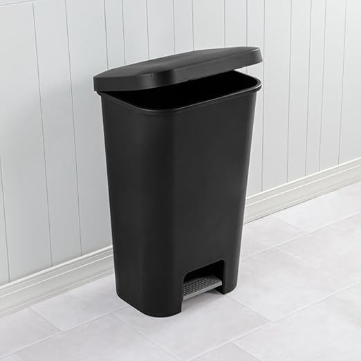 Sterilite 11.9 Gallon Rectangular Step On Kitchen Plastic Indoor Wastebasket with Wide Opening Lid and Comfort Handle for Home, Black (4 Pack)