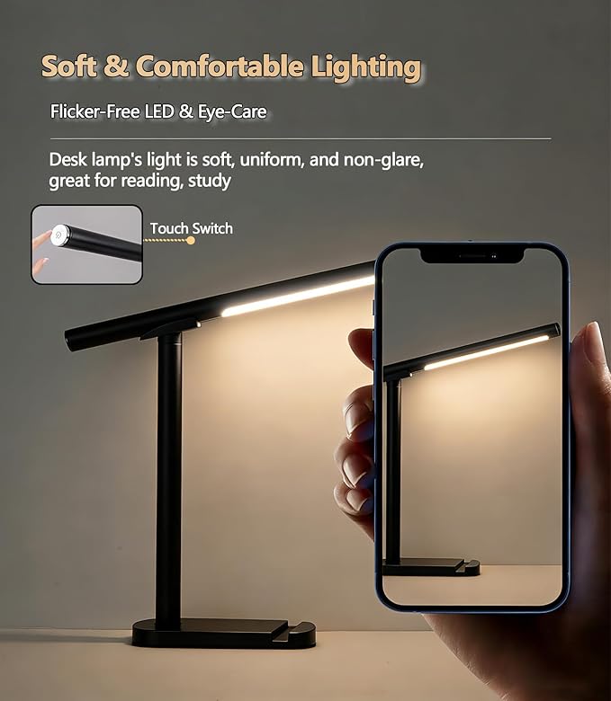 Vitoki LED Desk Lamp for Home Office with Magnetic Detachable, Eye-Caring Reading Light with Phone Stand 3 Color Mode, 5-Level Dimmable, Rechargeable Table Lamp Night Lights for Bedroom Study Bedside