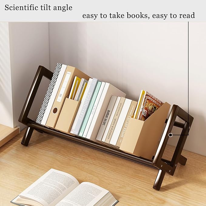 Wood Tilting Bookcase in Living Room/Home/Office, Desktop Book Shelf Organizer Bookshelves Storage Rack for CDs/Magazine/Books Display (Coffee, 16"-L)