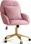 Home Office Desk Chair Comfy with Adjustable Swivel Wheels, Modern Velvet Makeup Vanity Chair with Back & Pillow, Ergonomic Office Chair Computer Task Chair for Living Room, Bedroom, Rose Pink