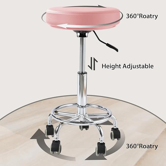 Adjustable Rolling Stool with Wheels Heavy Duty 500lb Round RollingStool with Footrest, Patent Leather Drafting Stool Chair with Wheels Work Spa Salon Seat, Pink