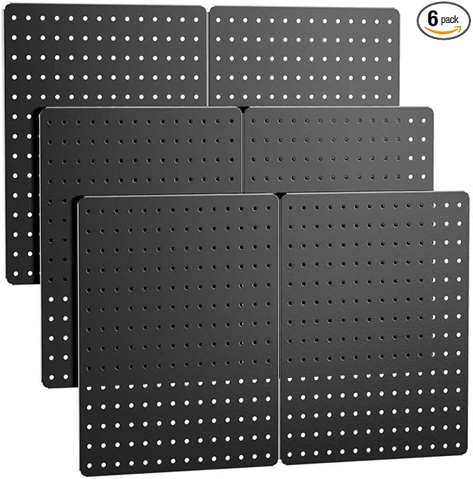 Peg Board, Heavy Duty Metal Pegboard, 6 Pack Black Peg Board Panels, 60lbs Load Capacity Each, Pegboard Wall Organizer for Garage, Workshop, Kitchen, Craft Rooms
