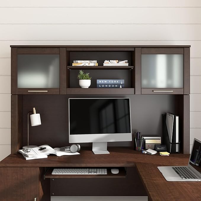 Bush Home 60-Inch Desk Hutch, Office Storage Organizer with Shelves, Cubbies and Frosted Glass Doors for Computer Desk, Home Office Furniture, Somerset Collection, Mocha Cherry