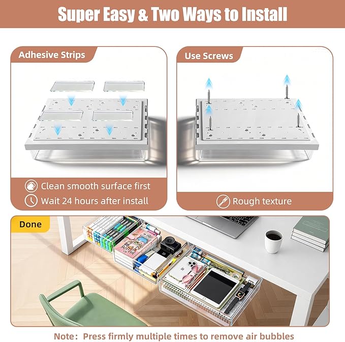 TooCust 3 Pack Under Desk Drawer Slide Out Storage Organizer, Clear White 3 Sizes (S/M/L), Dual-Mount Hidden Table Tray for Tablets, Planners & Office Supplies