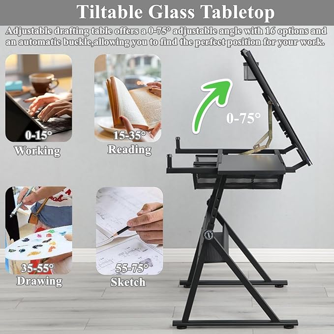 Drafting Table for Artists, Height Adjustable Glass Drawing Table with Stool, Ergonomic Art Table with 0-75° Tilting Tabletop and More Storage for Home Office, Type 1-Black