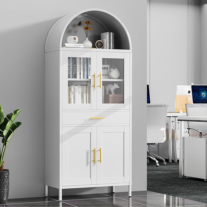 VEXPOR 73" Tall Arched Kitchen Pantry Cabinet with Doors, Metal Arched Hutch Cabinet with Drawer for Kitchen, Dining Room, Living Room, Assembly Required, White