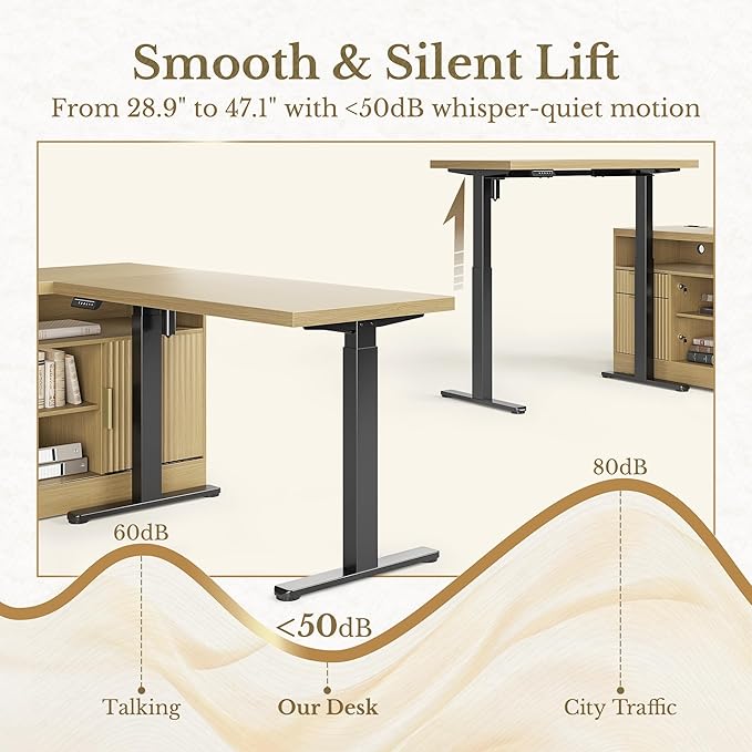 Home Office Furniture Set, 67'' Electric Standing Desk with 73'' Bookshelf and 2 Drawer Lateral File Cabinet, Office Furniture Desk Sets, Fluted Light Walnut