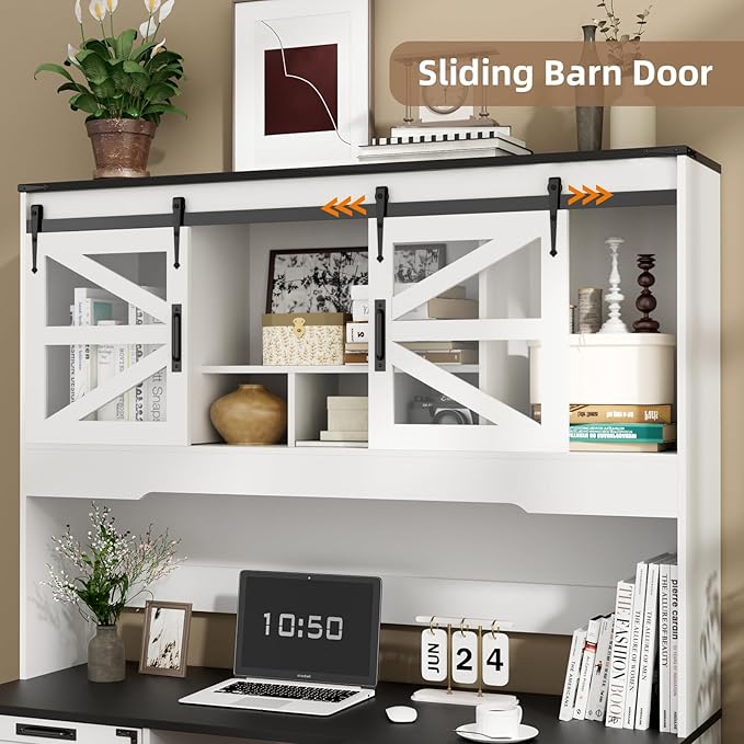 VOWNER 57" Farmhouse L Shaped Desk with Hutch, Executive Desk with Charging Station, Home Office Desk with Sliding Doors and File Cabinet, Wood Corner Computer Desk with Drawers for Home Office, White