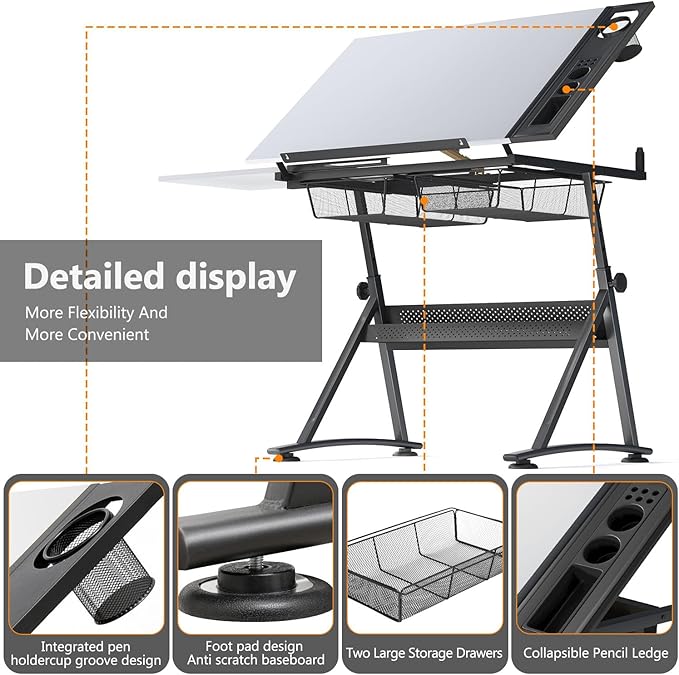 OS MOTOR Adjustable Height Drafting Table with Wood Top, Art Craft Desk with Slide-Out Drawers, Storage, for Drawing, Writing, Painting, and Creative Tasks, Ideal for Home Office, White