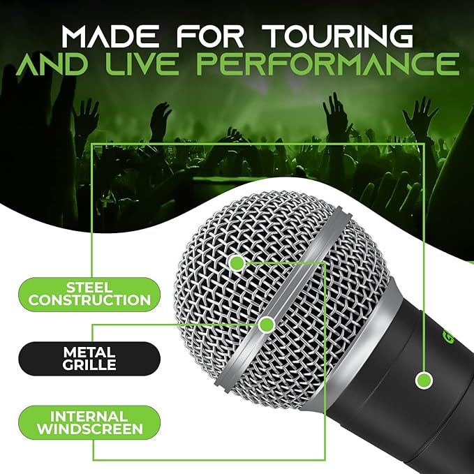 GEARit Dynamic Cardioid Vocal Stage Microphone with On/Off Switch and Mic Clip (Cables Sold Separately) - 4 Pack