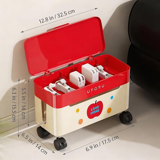 2-Tier Rolling Cable Management Box with Wheels (Large) – Mobile Power Strip Hider & Cord Organizer – Under Desk Wire Concealer & Charging Station Organizer – Baby & Pet Proof Safety (Apple Red)