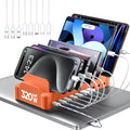 320W Charging Station for Multiple Devices, Zobirez 10-Port USB C Fast Charger Stations for MacBook, iPhone, Android Cell Phone, iPad, Tablet Family Multi-Device Organizer Charging Dock, Orange