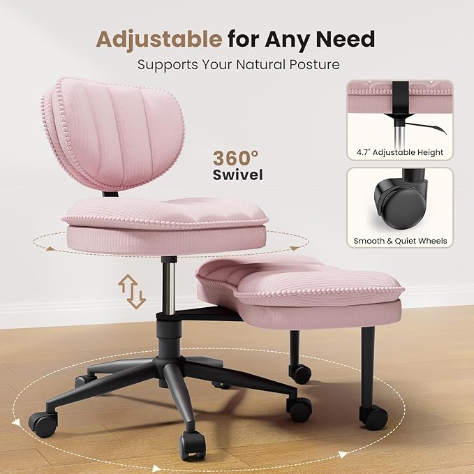 Extra-Wide & Tall Cross-Legged Office Chair – Deeply-Padded Cloud Seat, Ergonomic Back Support, Adjustable Height for ADHD & Meditation,Pink
