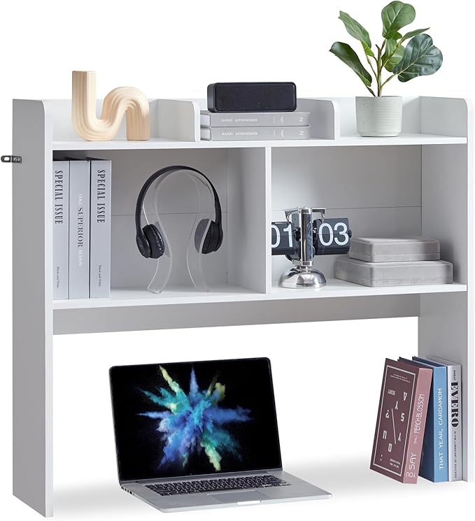 Nromant Desktop Bookshelf, Wooden Desk Storage Hutch with 5 Shelves, 3-Tier Desktop Display Organizer Rack for Office Home (White, 5 Shelves B)