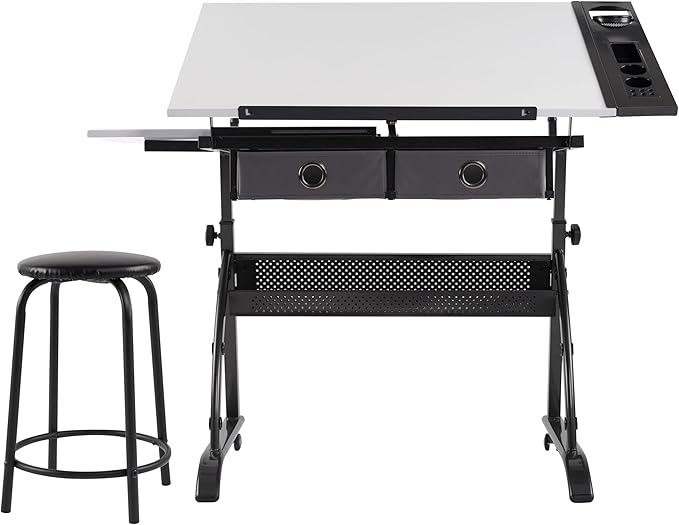 SD Studio Designs Core 2 Pc Craft Center - 35.5" W Angle Adjustable Drafting Table with Cloth Drawers, Side Shelf and Stool