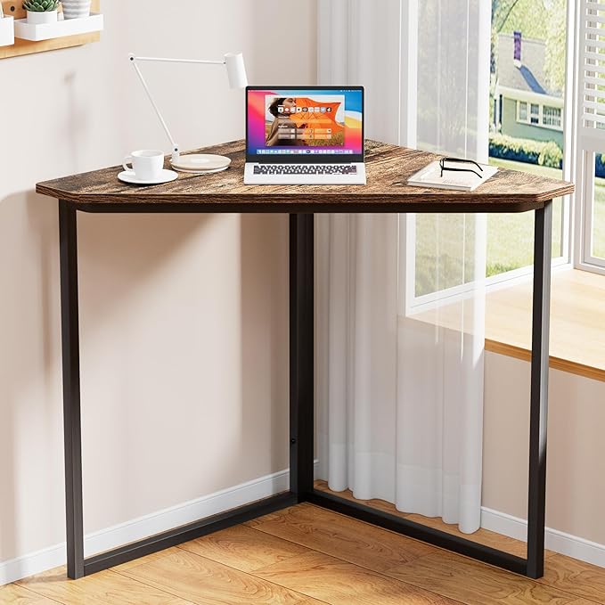 VECELO Corner Desk,Office Tables for Living Room for Small Space Triangle Computer Desk with Steel Frame Corner Shelves with Metal Frame Writing Desk for Workstation Classic Brown 33.1"