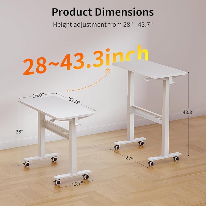 WALKINGDESK Mobile Walking Pad Desk with Wheels, Pneumatic Small Rolling Standing Desk Riser Height Adjustable (28-43.7") for Treadmill, Portable Computer Table for Home Office, White