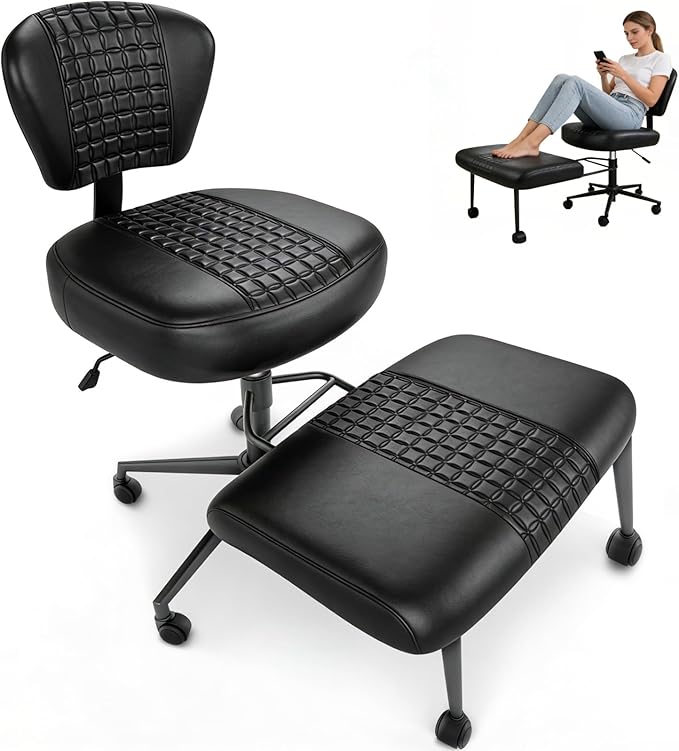 Ergonomic Cross Legged Office Chair with Footrest, 360° Swivel Height Adjustable PU Criss Cross Chair, Wide Seat & Back Support for Home Office, ADHD, Black