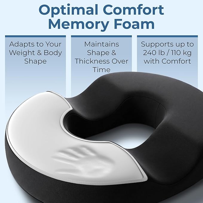 5 STARS UNITED Donut Pillow Hemorrhoid Tailbone Cushion – Large Cushion for Pain Relief – Coccyx, Prostate, Sciatica, Pelvic Floor, Pressure Sores, Pregnancy, Postpartum Recovery, Black