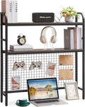 Desktop Hutch Shelf Organizer, 2-Tier Metal & MDF Desk Bookshelf with Grid Panel and Hooks for Office & Dorm (Rustic Brown, 36.8")