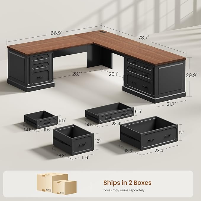 SEDETA Farmhouse 78.7" Executive L Shaped Desk with 6 Drawers, Home Office Desk with Power Outlet, File Cabinet Storage, Wood Corner Computer Desk for Work and Study, Black