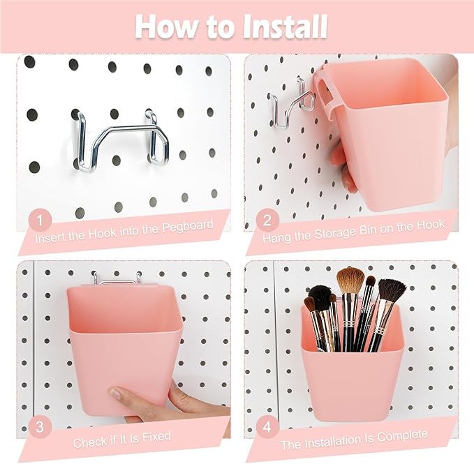 8 Pack Large Pegboard Bins with Hooks, Square Box Shape Peg Board Cups and Peg Board Accessories for Craft Room, Playroom, Office, Garage, and Wall Mount Organization (Pink)